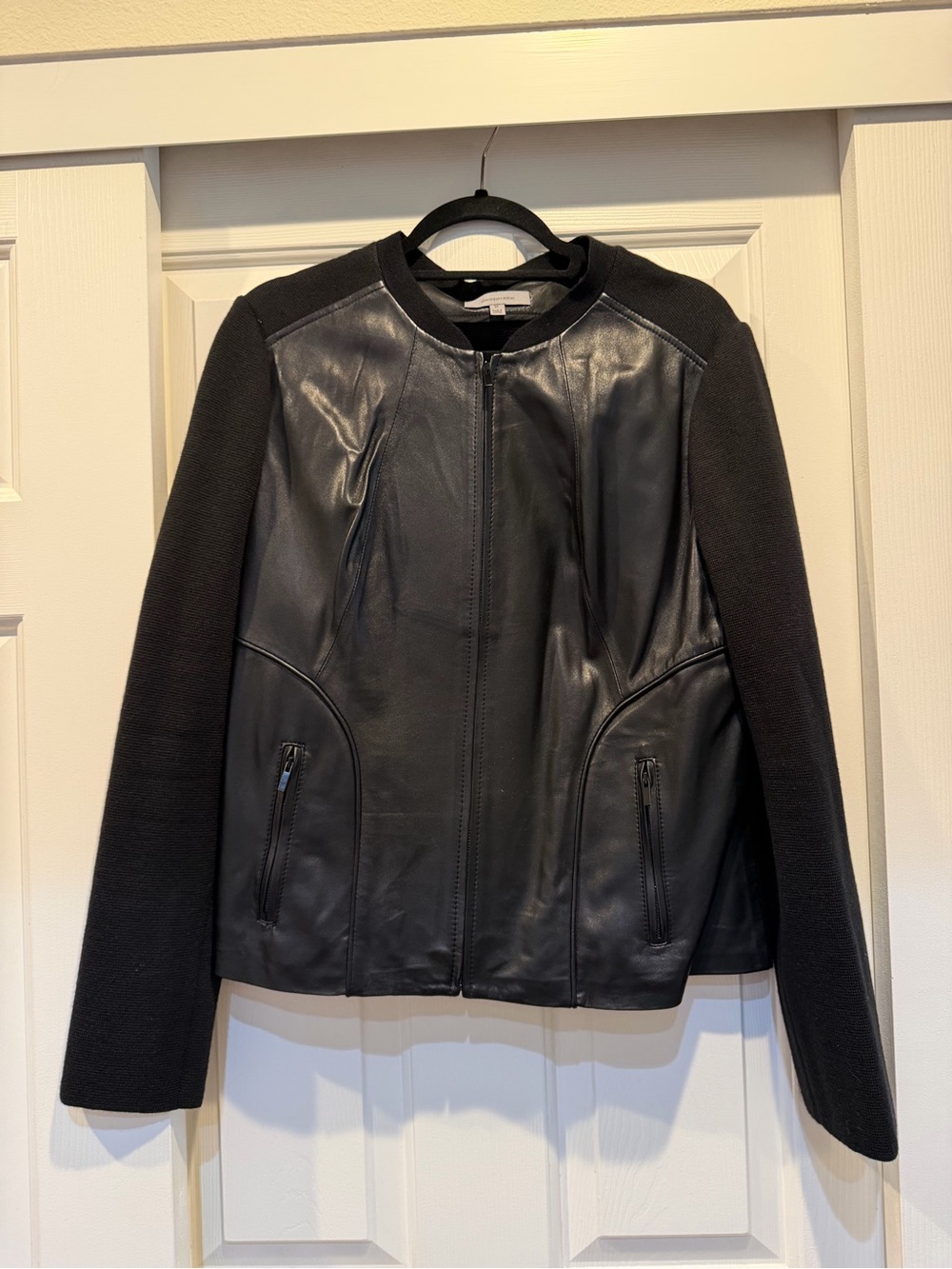 Classiques Entier Black Leather-Front Jacket with Knit Sleeves